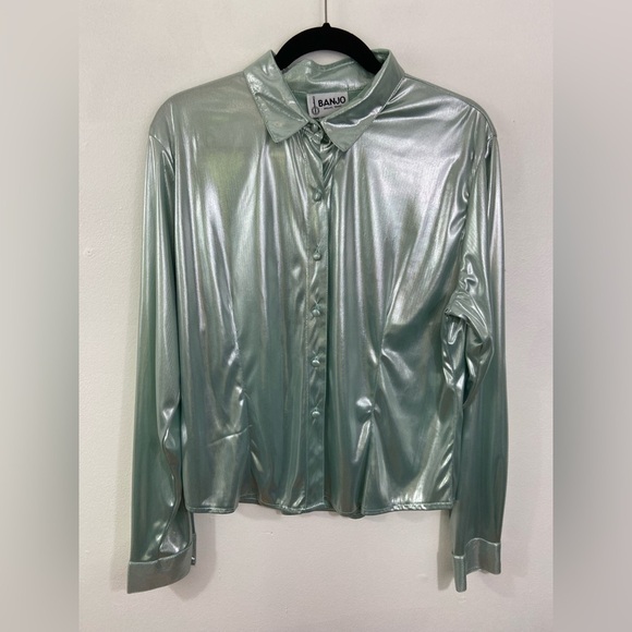 Vintage Tops - Vintage Banjo Western Shirt Metallic Satin Psychedelic Green Cowgirl Sz XL